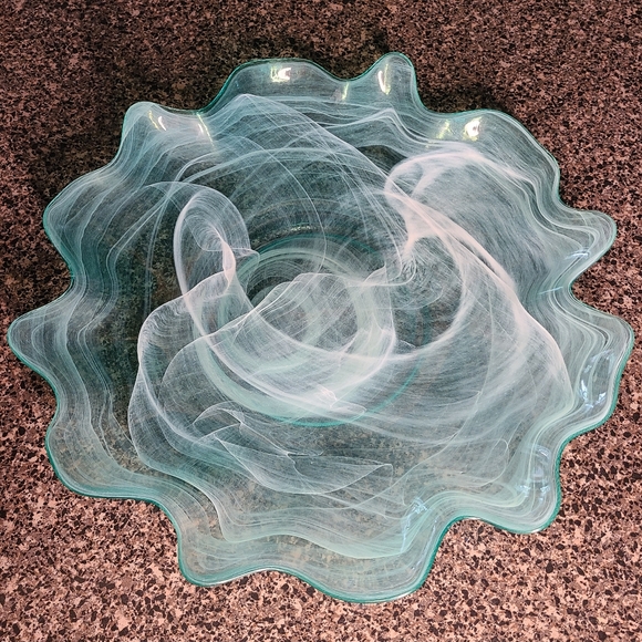 Rare Vintage Murano Style Teal and White Swirl Art Glass Dish 13"x2" Hand Blown - Picture 3 of 11